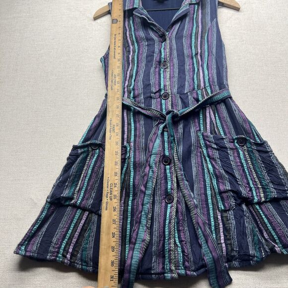 ANGIE Vertical Stripes Button Collared Mini Dress Women's L Large Hippie Belted - Picture 3 of 9